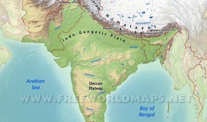 Asia physical south map maps geography asian southern features rivers geographical mountains countries region southasia subcontinent major deserts showing freeworldmaps