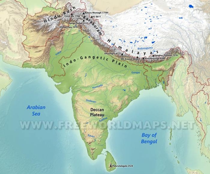 Asia physical south map maps geography asian southern features rivers geographical mountains countries region southasia subcontinent major deserts showing freeworldmaps